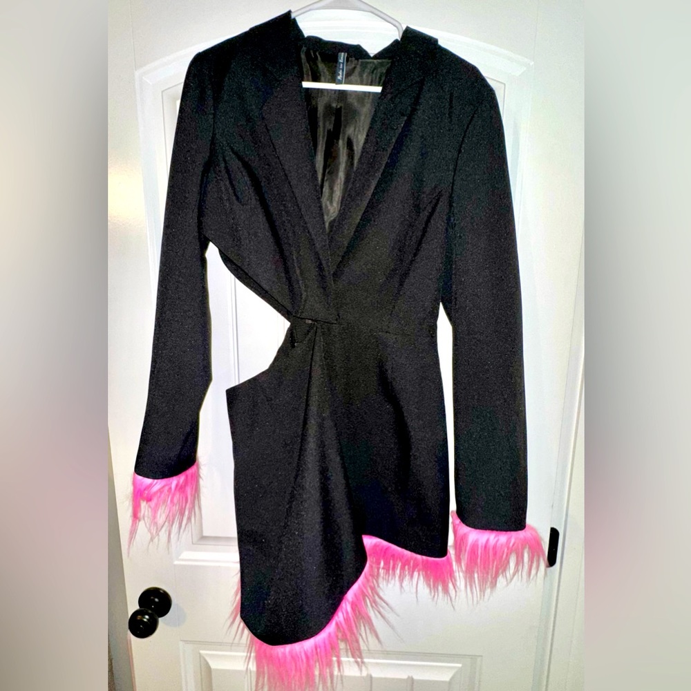 ASYOU faux feather trim cut out blazer dress, Size 10